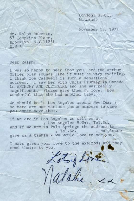 Letter from Natalie Wood