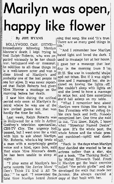Ralph Roberts' comments on Marilyn after her death